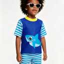 Baby Boys Two Piece Swimsuit Dinosaur Bathing Suit SPF Swim Shirt & Trunks Kids Rash Guard Shorts with Swim Cap (Blue)