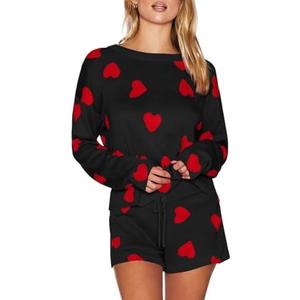 Saodimallsu Womens Valentine's Day Pajama Sets Hearts Print Lounge Set Long Sleeve Sweater and Shorts 2 Piece Outfits Large, Black