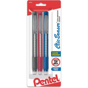 Pentel Clic Retractable Eraser with Grip, Assorted Barrel Colors (ZE21BP3M) (Pack of 3) (Multicolor)