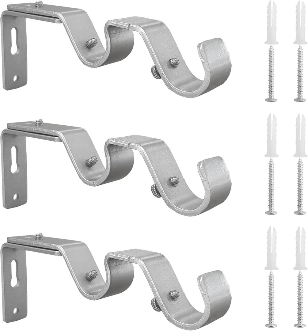 Double Curtain Rod Bracket Heavy Duty Curtain Rod Brackets,3 Pcs Adjustable Double Rod Holders for 3/4 and 5/8 Inch Rod(Silver)