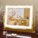 FENNIO Vanity Mirror with Lights, 12" x 16" Lighted Makeup Mirror with Smart Touch Control, 3 Color Modes & Brightness Adjustable, LED Makeup Mirror with 10X Magnification, Square Gold