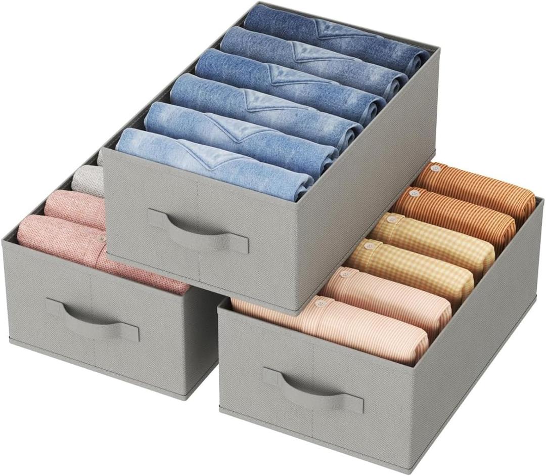 Lifewit Wardrobe Clothes Organizer 3 Pack, Large Size 6 Grids Closet Jean Storage Bins with Handles and Support Boards, Foldable Drawer Dividers for Sweater, Pants, T-shirt, Hoodie, Dress, Grey (16.5" x 10.6" x 6.7" (6 Grids))