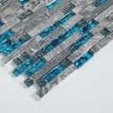 Hominter Glass Stone Tile Linear Mosaic Teal Blue Crystal Glass Gray Polished Marble Interlocking Bathroom Wall Tiles Kitchen Backsplash Fireplace Decor (3x12 Sample)