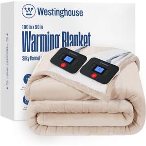 Westinghouse Electric Blanket King, Heated Blanket King Size with 10 Heating Levels and 1 to 12 Hours Heating Time Settings, Flannel to Sherpa Reversible, Machine Washable (90" x 100", Beige)