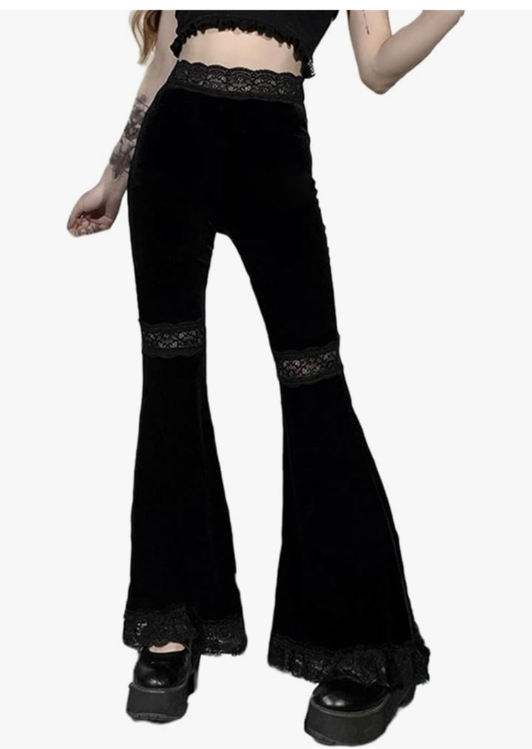 Goth Bell Bottom Pants for Women Punk Flare Stretch Y2k Emo 70s Black (L)