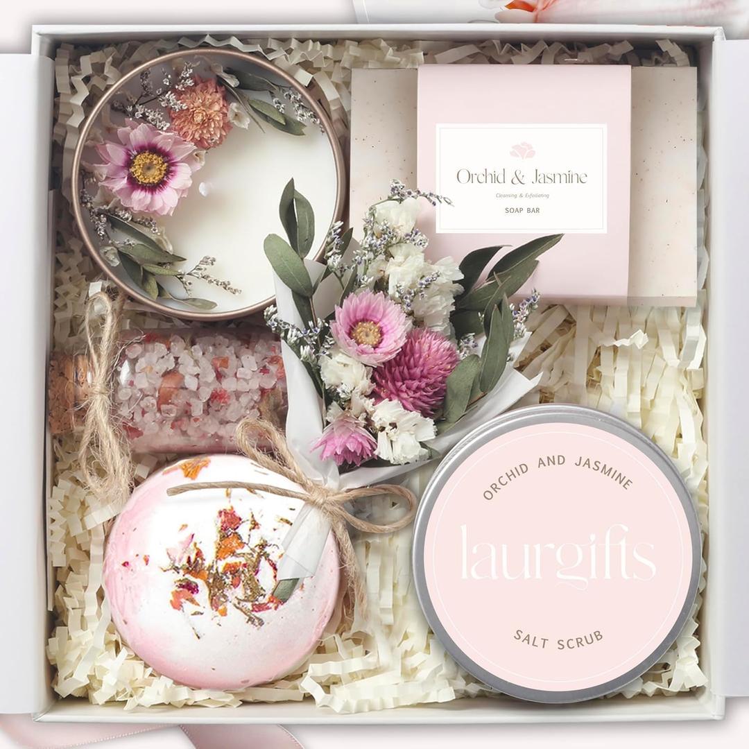 Birthday Gifts for Women  Luxury Candle Set & Bath Sets Spa Basket, Small Orchid & Jasmine Self Care Box, Valentines Basket for Her, Romantic Birthday Box for Mom, Wife or Friend