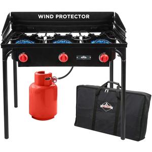 Hike Crew Cast Iron 3-Burner Outdoor Gas Stove | 225,000 BTU Portable Propane Cooktop w/Blue Flame Control, Removable Legs, Temperature Control Knobs, Wind Panel, Hose, Regulator & Storage Carry Case