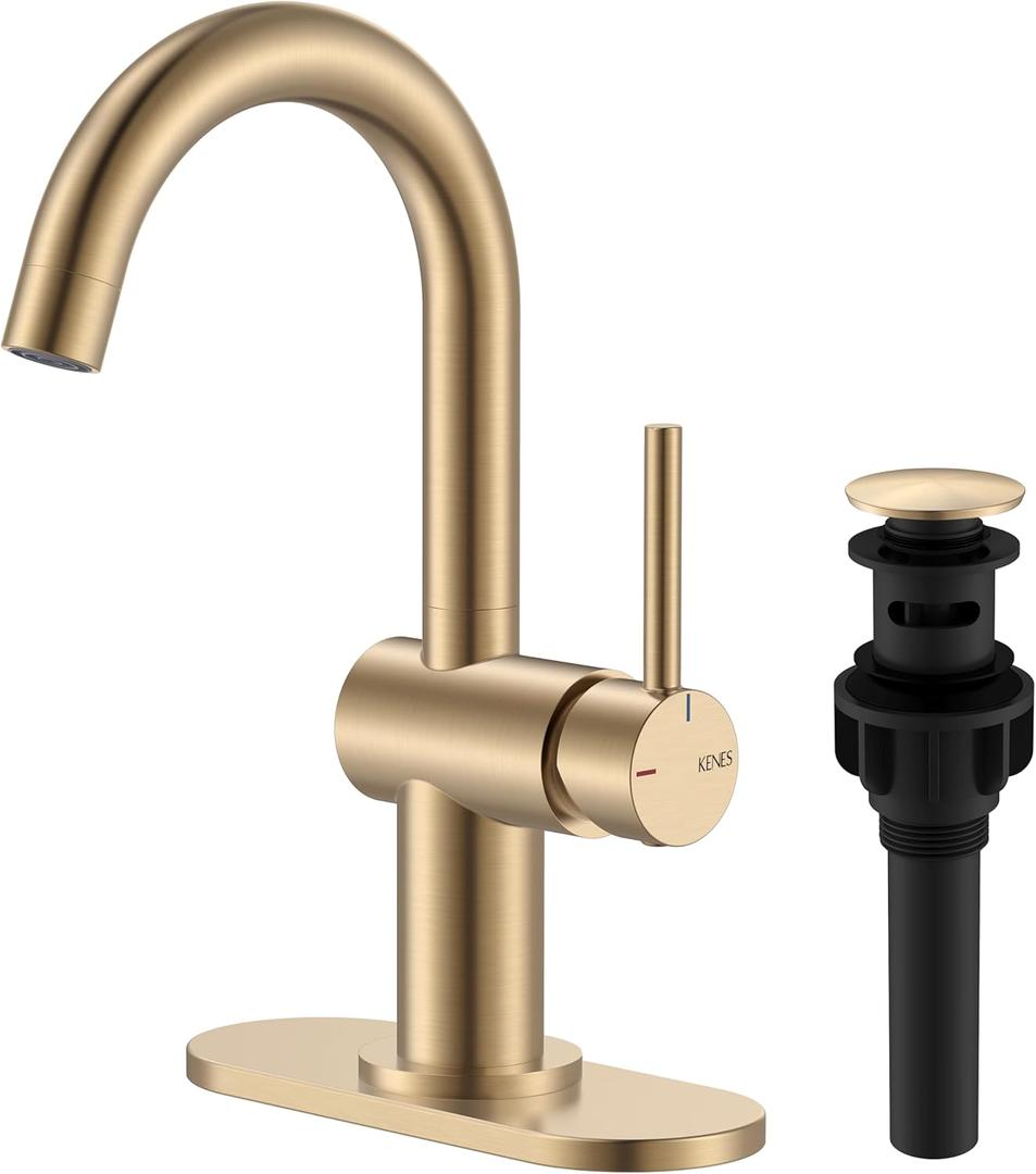KENES Champagne Bronze Bathroom Faucet 1 Hole, Single Handle Gold Bathroom Sink Faucet for Vanity, Bar Sink Faucet with Drain Assembly & Deck Plate, Farmhouse RV Camper Outdoor Faucet, KE-9005B-CB  Short, Champagne Bronze