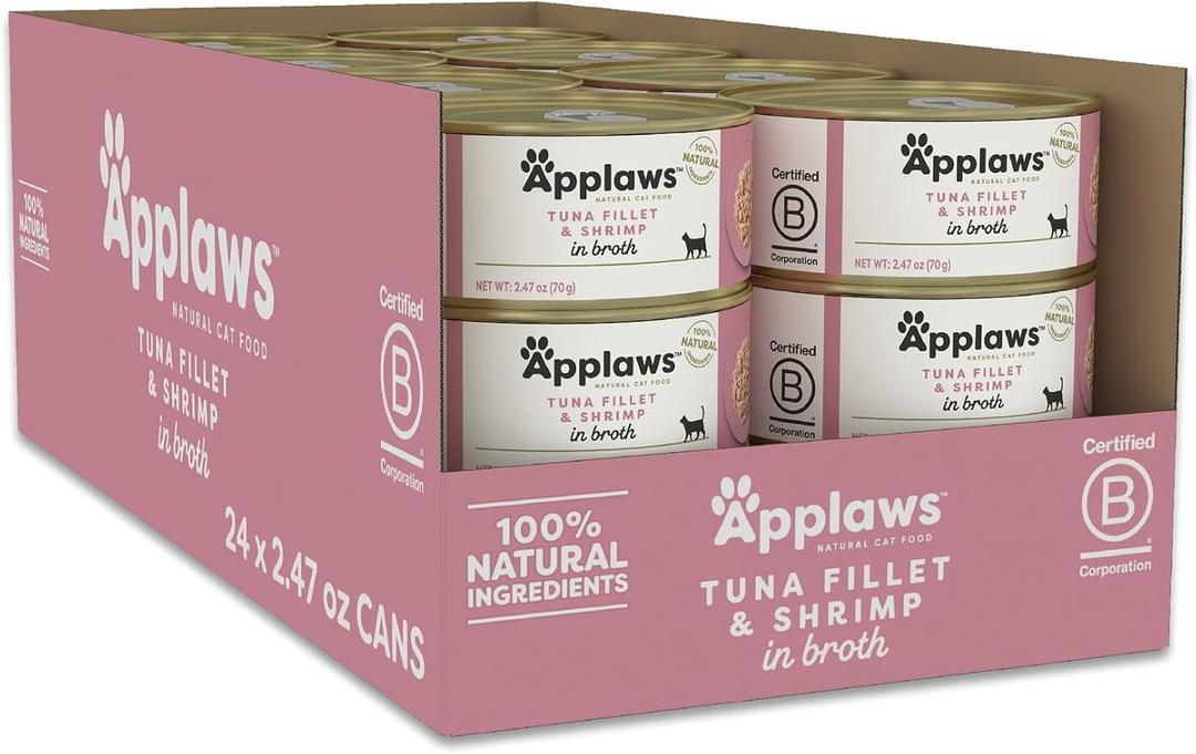 Applaws Natural Wet Cat Food, 24 Count, Limited Ingredient Canned Wet Cat Food, Tuna with Shrimp in Broth, 2.47oz Cans (EXP 08/13/28)