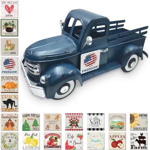 4th of July Decorations 13.4 Inch Farmhouse Vintage Truck with 20 Magnets Sign Interchangeable Seasonal Decor Rustic Metal Pickup Independence Day Patriotic Centerpieces for Home, Dark Blue