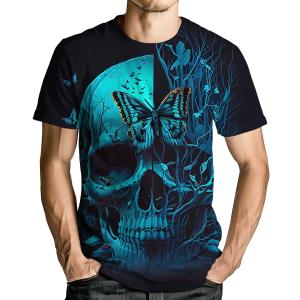 Men's Skull Graphic Tshirt 3D Print Skeleton Shirt for Men Funny Skull Tees Top (Medium, Blue)