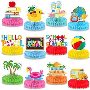 12Pcs School's out for Summer Party Honeycomb Centerpieces End of School Year Table Decorations Tropical Tables Honeycombs Ball for Schools Classroom Summers Vacation Celebration Decor