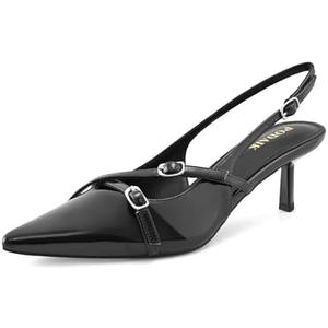 PODAIK Kitten Heels for Women Pointed Toe Pumps Low Heel Buckle Slingback Heels Wedding Dress Shoes, Black, Size 7,5