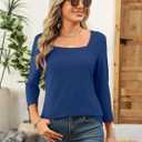 TICTICMISS Women's 3/4 Sleeve Shirts Square Neck Solid Color Summer Tops Dressy Casual Ladies Blouses Tops B-Navy Blue, Small (Blue, S)