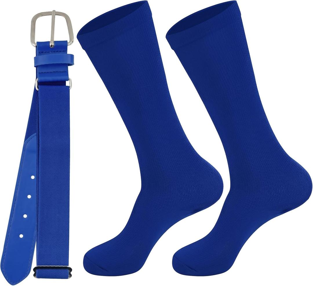 2 x Teen Youth Baseball Socks Boys Teens Softball Socks and Belt Set for Baseball,Soccer.(1 Sock with 1 Belt). (Medium, Blue)