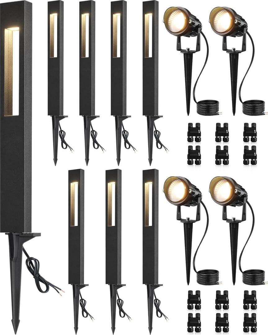 SUNVIE 12-Pack Low Voltage Pathway Lights Wired with Spotlights LED Outdoor Landscape Lighting Kit for Path, Garden, Yard, Patio, Cast-Aluminum, IP65 Waterproof, 12-24V AC/DC, 3000K Warm White, Black