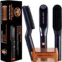 TAME The Wild Beard Brush and Beard Straightener for Men - Ionic Heated Comb with 3 Adjustable Temps - Wooden Beard Comb for Grooming - Anti-Scald Safety - for All Hair Types (2 Piece Set)