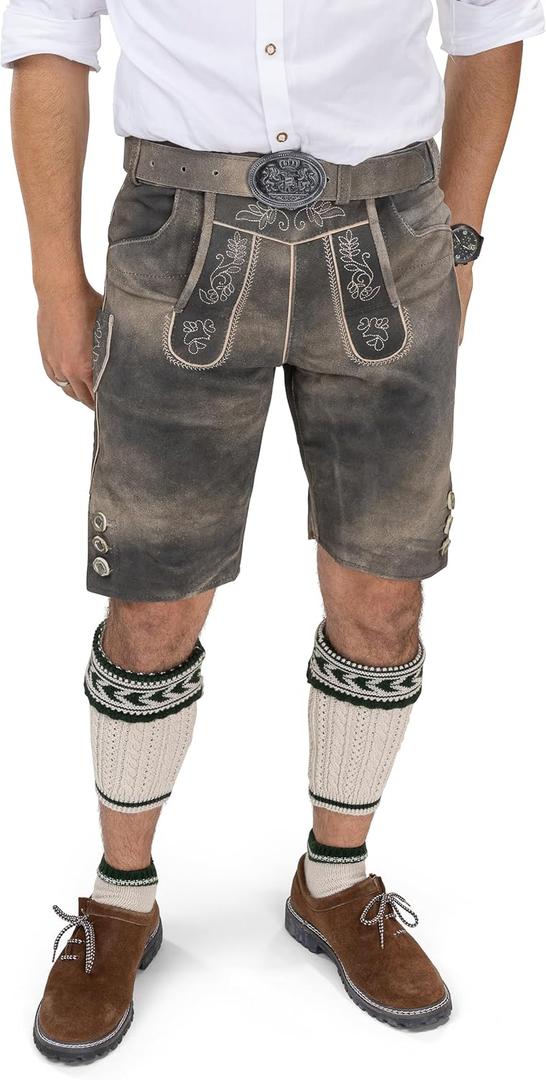 Schneberger Trachten Couture Lederhosen Men, Genuine Leather, German Lederhosen with Bavarian Belt, Oktoberfest trouser (44 Regular, Brown Antique)