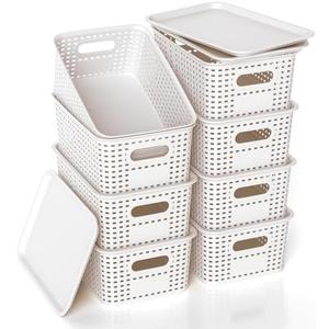 ZFTMRR Plastic Storage Basket with Lid, Stackable Small Box Bins for Organizing and Containers for Shelves Drawers Desktop Closet Playroom Pantry Classroom Office Home, 8 Pack 10.2x7.2x4.1 Inch, White