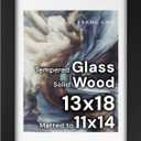 Frame Amo 13x18 Black Solid Wood Poster Frame, White Mat for 11x14 Image, Tempered Glass Front, 1.5 inch Wide, 1 inch Thick, High-End, Heavy-Duty, Gallery Grade & Acid-Free