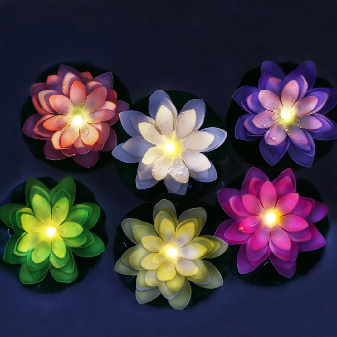 LACGO 12 PCS Floating Lotus Tea Lights - 5 Inch Floating Flowers Water Lily LED Candles for Pool, Bath, Wedding, Party Decor - Water Activated Lotus Flower Pool Lights(Mix-Color)