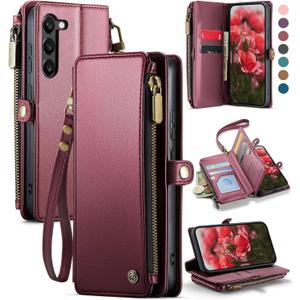 Defencase Compatible with Samsung Galaxy S23 Case Wallet with RFID Blocking Card Holder for Women Men, PU Leather Magnetic Snap Flip Zipper Strap Wallet Phone Case Fit for Galaxy S23 6.1", Wine Red