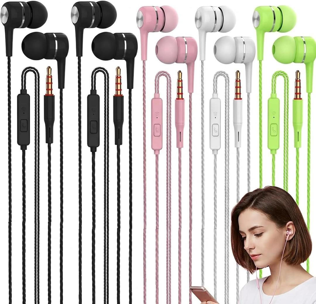 5 Pack Wired Earbuds with Microphone, in-Ear Headphones with Heavy Bass, High Sound Quality Earphones Ear Buds for Laptop Pad MP3 Android Smartphones Fits All 3.5mm Jack Device