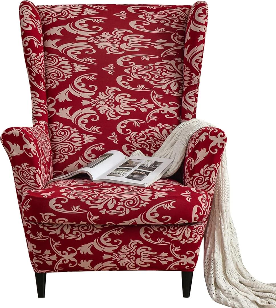Wingback Chair Cover, Stretch Spandex Wing Chair Slipcovers 2 Piece, Wingback Armchair Sofa Slipcover Super Soft Fabric Furniture Protector with Elastic Bottom for Living Room Bedroom Hotel