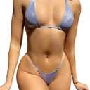 SOLY HUX Women's Metallic Bathing Suit Halter Micro Triangle Top Swimsuit String Thong Two Piece Bikini Sets (Medium, Plain Lilac Purple)