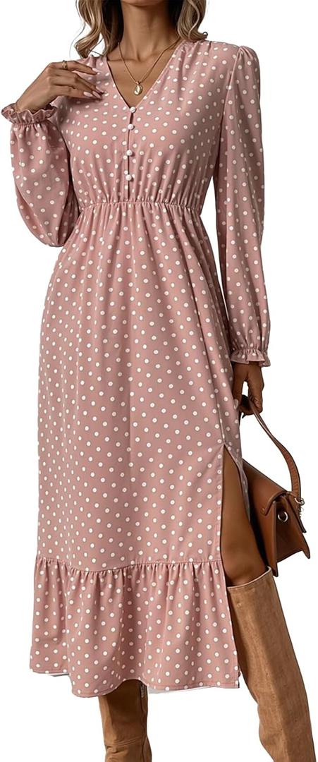 Women's Midi Dresses for Women V Neck Long Sleeve Fitted Family Photo Outfits Pink Dress Long Sleeve Pretty Garden Dresses (S)