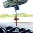 2 x Vintage Wooden Cross Rear View Mirror Accessories, Big Size Cross Car Mirror Charms Safe for Windshields, Cute Car Accessories Hanging Ornament Universal Automotive Interior Decor