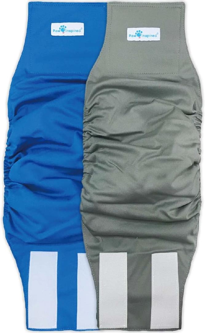Paw Inspired 2-Count Reusable Male Dog Wraps, Washable Diapers for Male Dogs, Belly Bands for Incontinence, Surgery, Male Marking (Large Size, Assorted Colors with White Lining, Pack of 2)