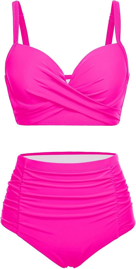 Yonique Women Underwire Bikini Set High Waisted Tummy Control Swimsuit 2 Piece Push Up Bathing Suit (Large, Hot Pink)