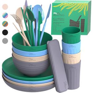 Wheatstraw Dinnerware Set for 4 - Camping Dishes & Utensils - Microwavable Plates - Alternate To Plastic Plates And Bowls - Camping Kitchen Set - Rv Dinnerware - Wheat Straw Dorm Dishes (Oasis)