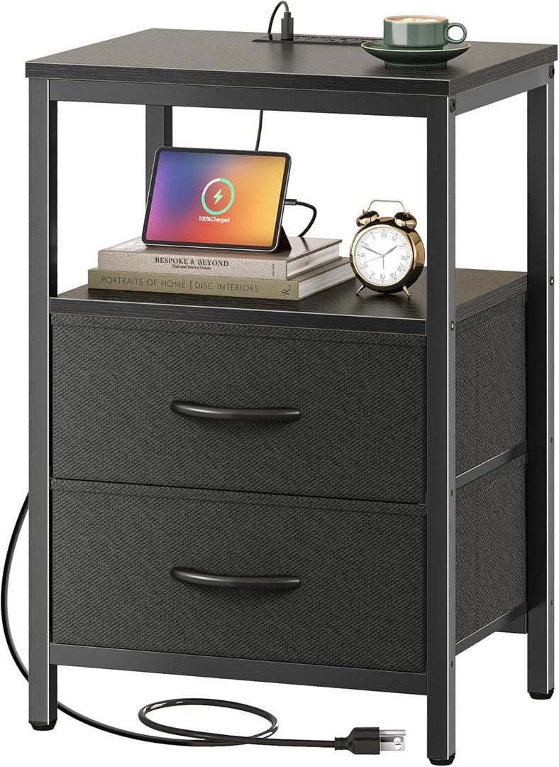 Huuger Nightstand with Charging Station, Side Table with 2 Fabric Drawers, End Table with Open Shelf, Bedside Table with USB-C Port and Outlets, Night Stand for Bedroom, Black