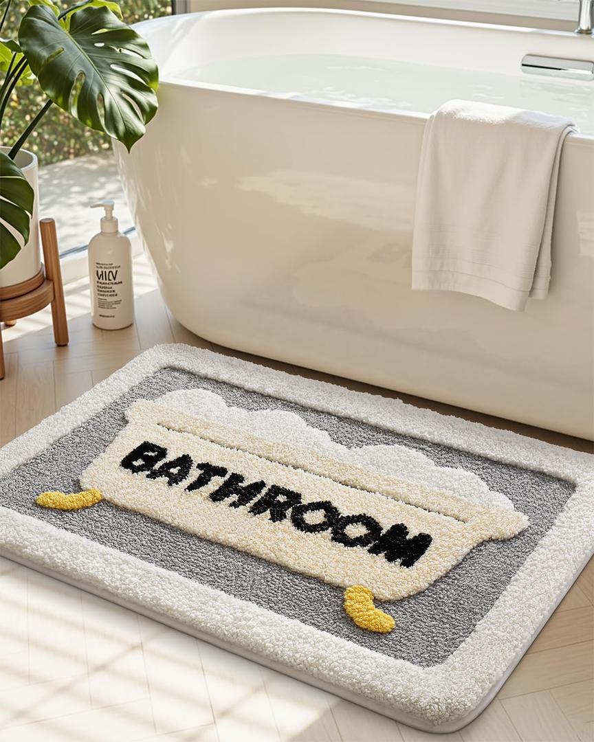 DEXI Bathroom Rug Washable, 16x24 Non Slip Bath Mat Absorbent, Soft Plush Microfiber Bathmat Quick Dry for Shower Floor, Grey and Beige