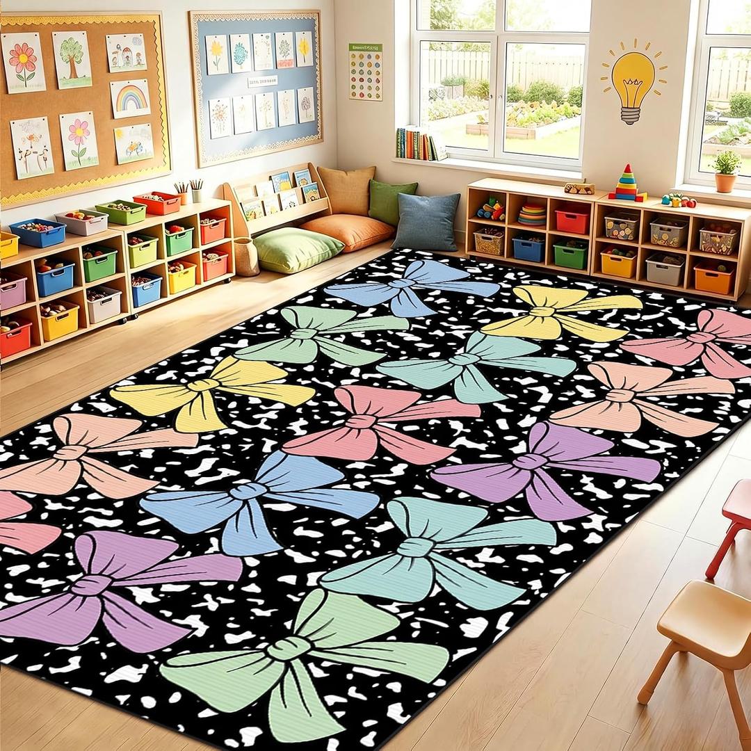 7.6 x 12 ft Large Pastel Classroom Rug Elementary, Back to School Bow Classroom Decor Educational Area Carpet for Preschool Kindergarten Learning Space Playroom Nursery