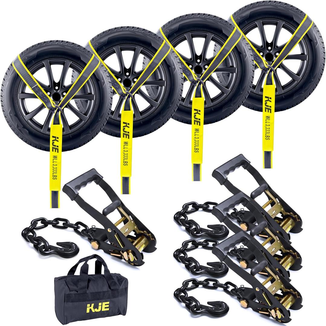 KJE 4 Pack Reflective Car Tie Down Straps for Trailers - Tire Ratchet Strap with Chain Anchors - 2" x 10' 10,000LBS Break Strength - Lasso Style Wheel Straps for Hauling UTV, SUV, Truck, Any Cars, 4pcs - 2" X 10'