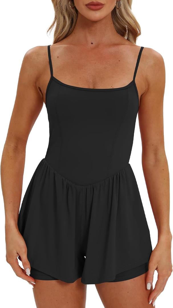 Beaully Women's Summer Sleeveless Rompers Spaghetti Strap Double Lined Shorts Jumpsuit One Piece Outfits (Medium, Black)