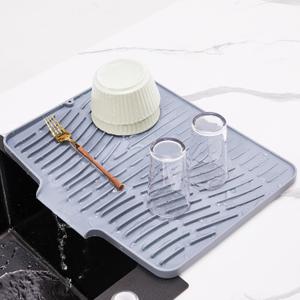 Silicone Dish Drying Mat for Kitchen Counter,Non-Slip Dish Drying Pad with Drain Lip,Heat Resistant Sink drying Mat for Dishes,Large Rubber dish drain mat dish rack mat (Grey,15.8"x13") (Gray)