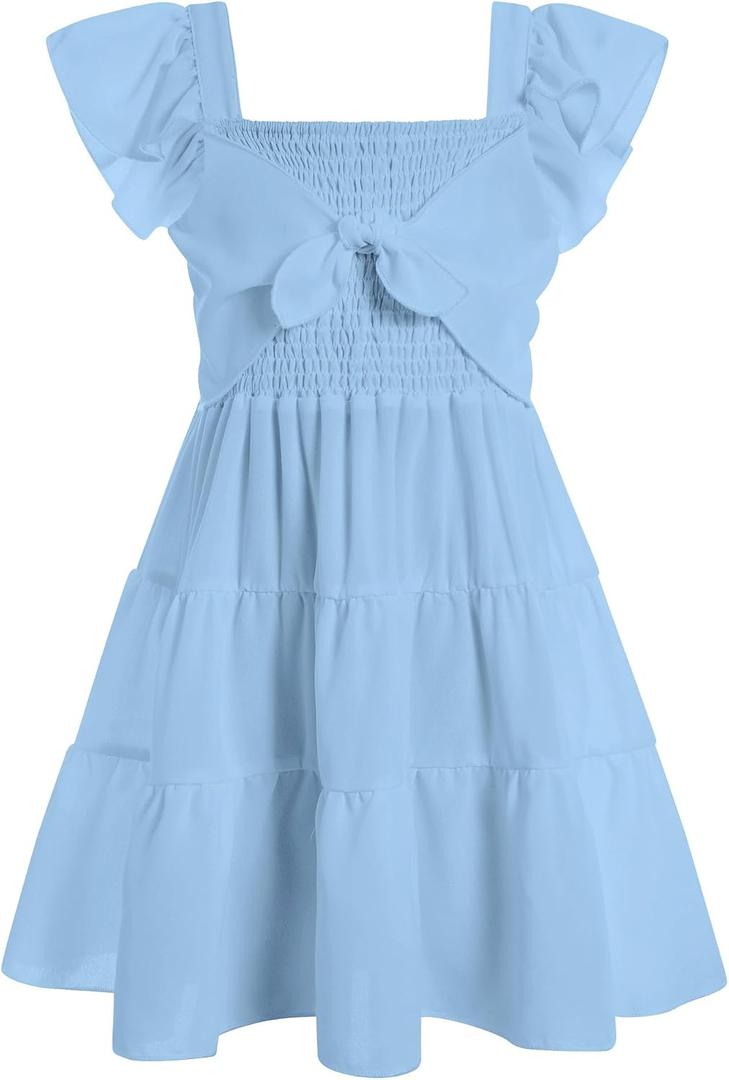 Vogseek Light Blue Girl Dress 5 6 Years Old Kids Square Neck Ruffle Sleeve A Line Swing Dresses Summer Cute Bowknot Tie Frock for Little Girls 5t 6t Valentines Easter School Dance Party Size 6