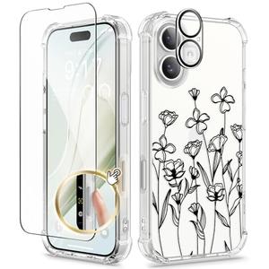 GVIEWIN for iPhone 16 Case Floral, with Screen Protector & Camera Lens Protector, [Non Yellowing] Soft Shockproof Clear Phone Protective Cover for Women, Flower Pattern Design 6.1"(Sketch/Black)