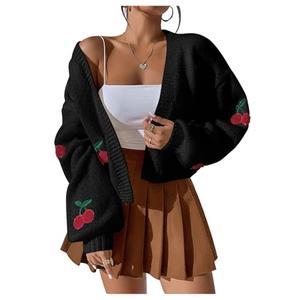 GORGLITTER Women's Cherry Cropped Cardigan Sweaters Open Front Long Sleeve Cute Chunky Knit Short Cardigan Trendy (Black Cherry, Small)