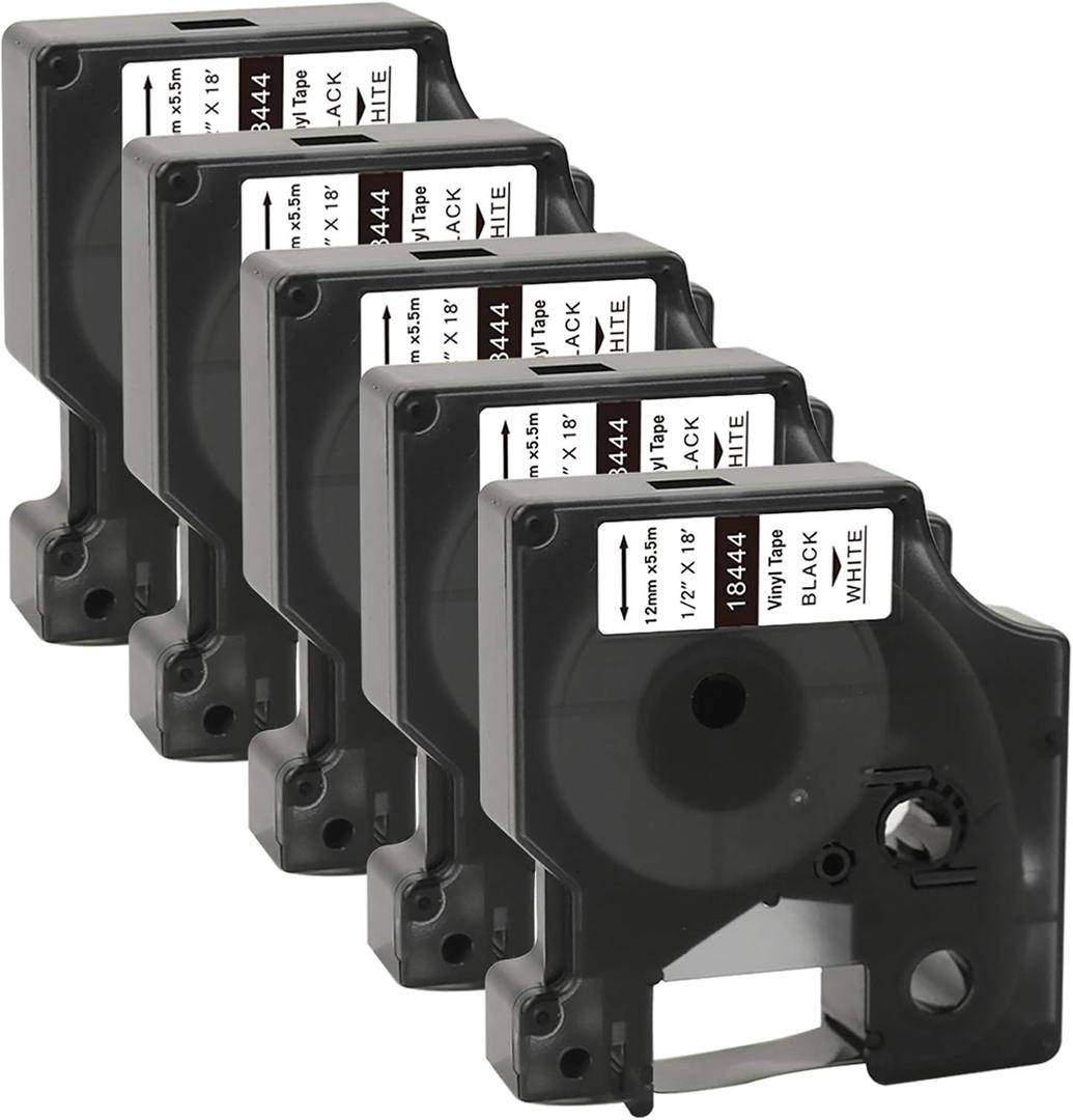 TITBIT 18444 Permanent Vinyl Label Tape 1/2" Replacement for DYMO Rhino 18444 Fit with DYMO Rhino 4200 5200 5000 6000 6500 Industrial Label Maker,12mm(1/2 Inch) x 18 feet Black on White,5 Pack