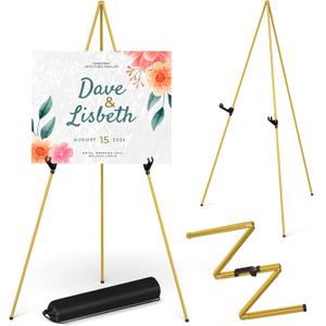 Display Artist Easel Stand - 63" Instant Tripod Collapsible Portable Floor Easel - Easy Folding Adjustable Art Poster Metal Stand for Display Show, Wedding, Painting - Gold