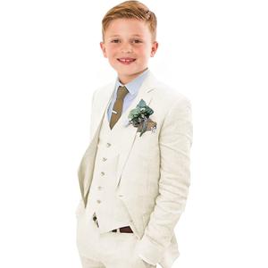 Boys Linen Suit Slim Fit 3 Piece Summer Beach Wedding Light Weight Suit Kids Linen Suit Jacket Vest Pant Set (16, Ivory)