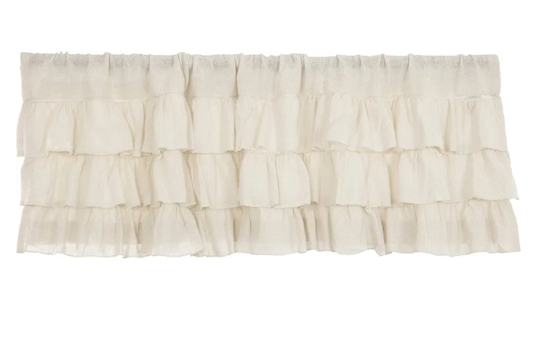 VHC Brands Country Kitchen Curtains Rod Pocket Farmhouse Burlap Antique White Ruffled Valance 16" x 60"