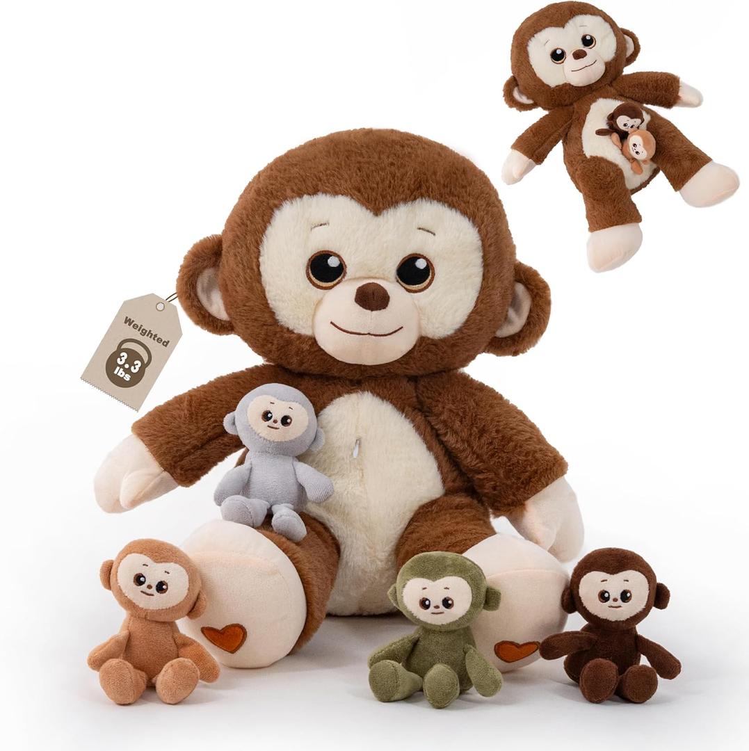 Monkey Stuffed Animals, Mommy Monkey Plush with Baby, 5 Pcs Plush Toy for Girl Boy, Birthday Valentine's Gifts for Kids, Toddler, Age 3-8, Brown