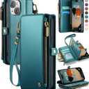 Defencase Compatible with iPhone 14 Case Wallet with RFID Blocking Card Holder for Women Men, Fashion PU Leather Magnetic Snap Flip Zipper Strap Wallet Phone Case Fit for iPhone 14 6.1", Blue Green