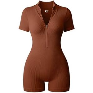 OQQ Women Rompers Ribbed Short Sleeve Zip Front Stretch Tummy Control Yoga Workout Rompers, Small